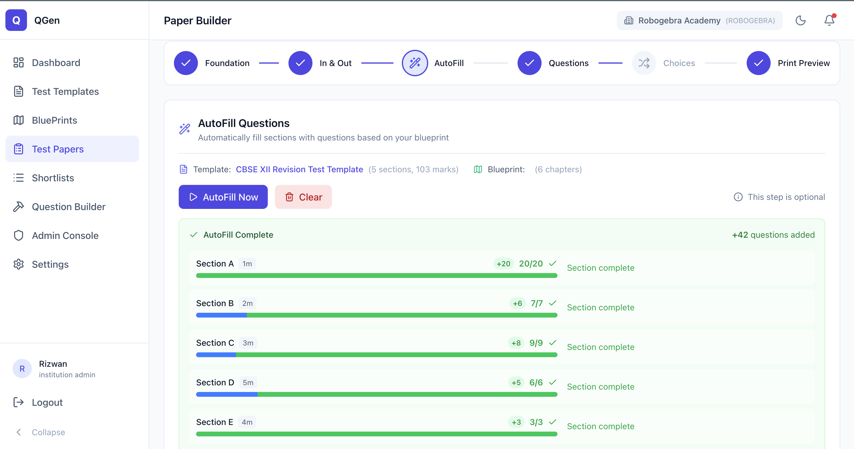EasyQGen Auto-fill complete with 42 questions added across all sections