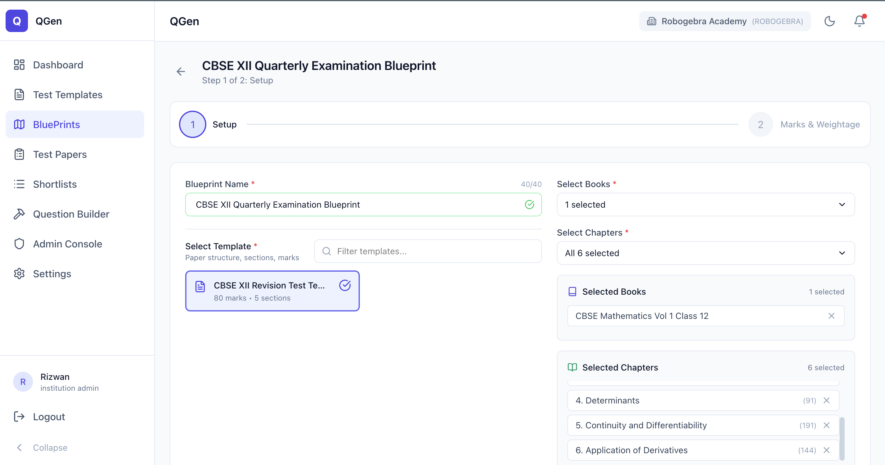 Blueprint setup with chapter weightage