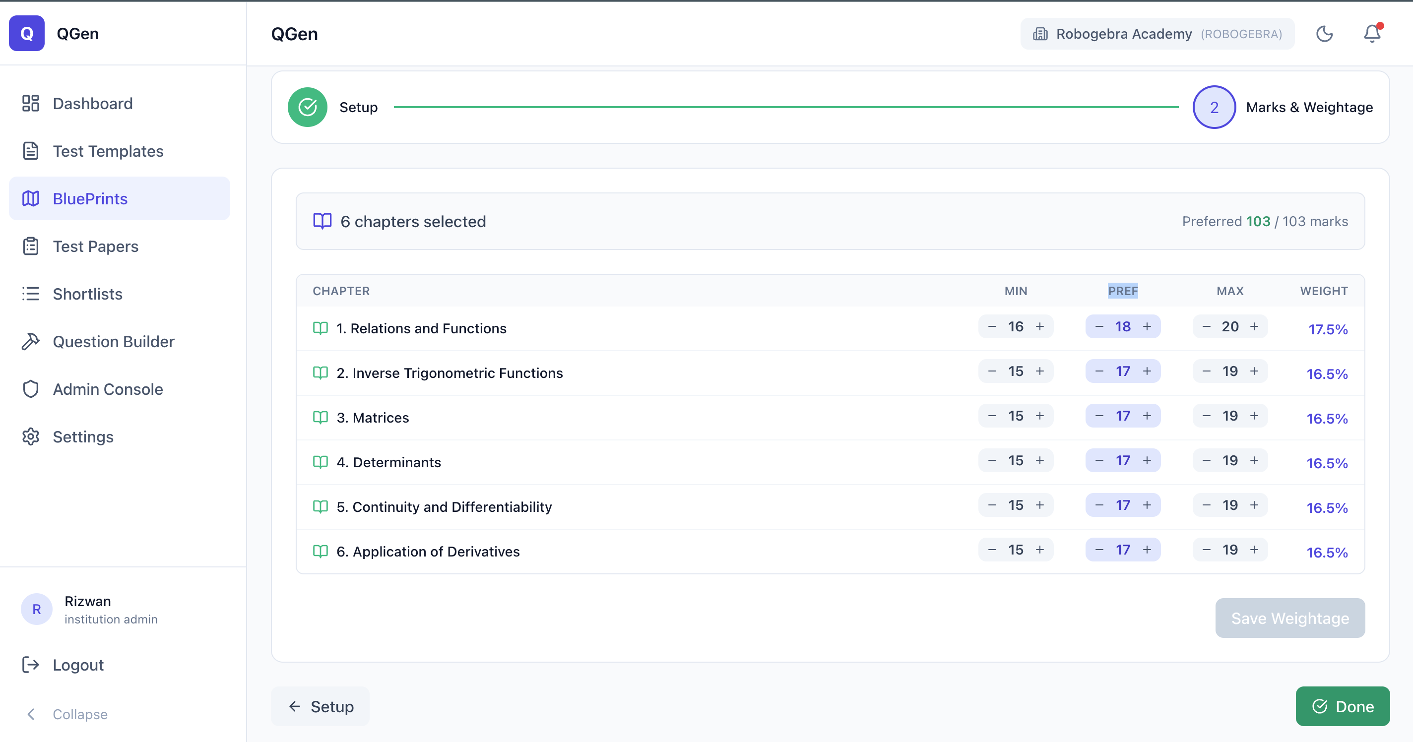 Mark weightage configuration
